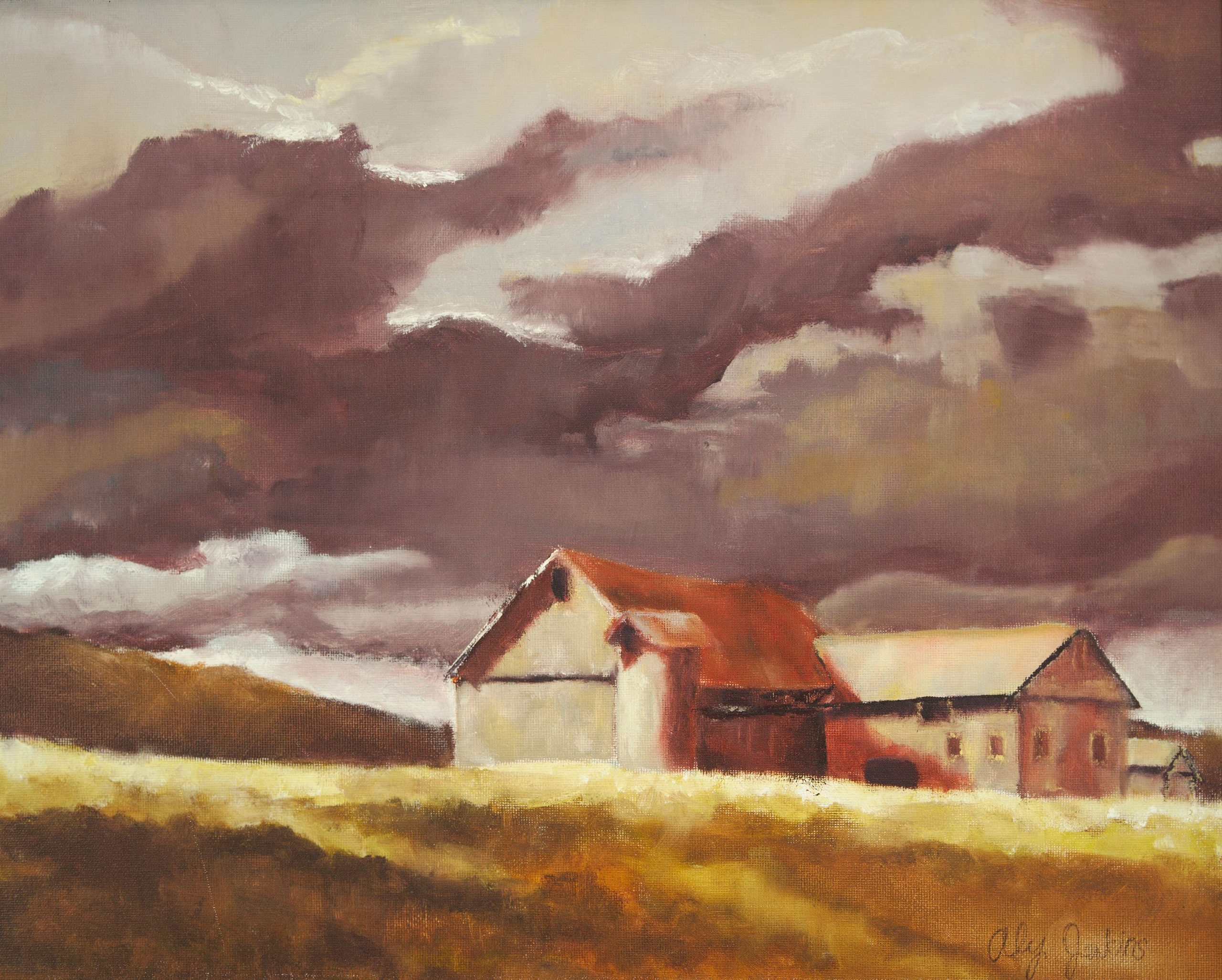 Farm house in the country with a silo and sun shining through dark clouds