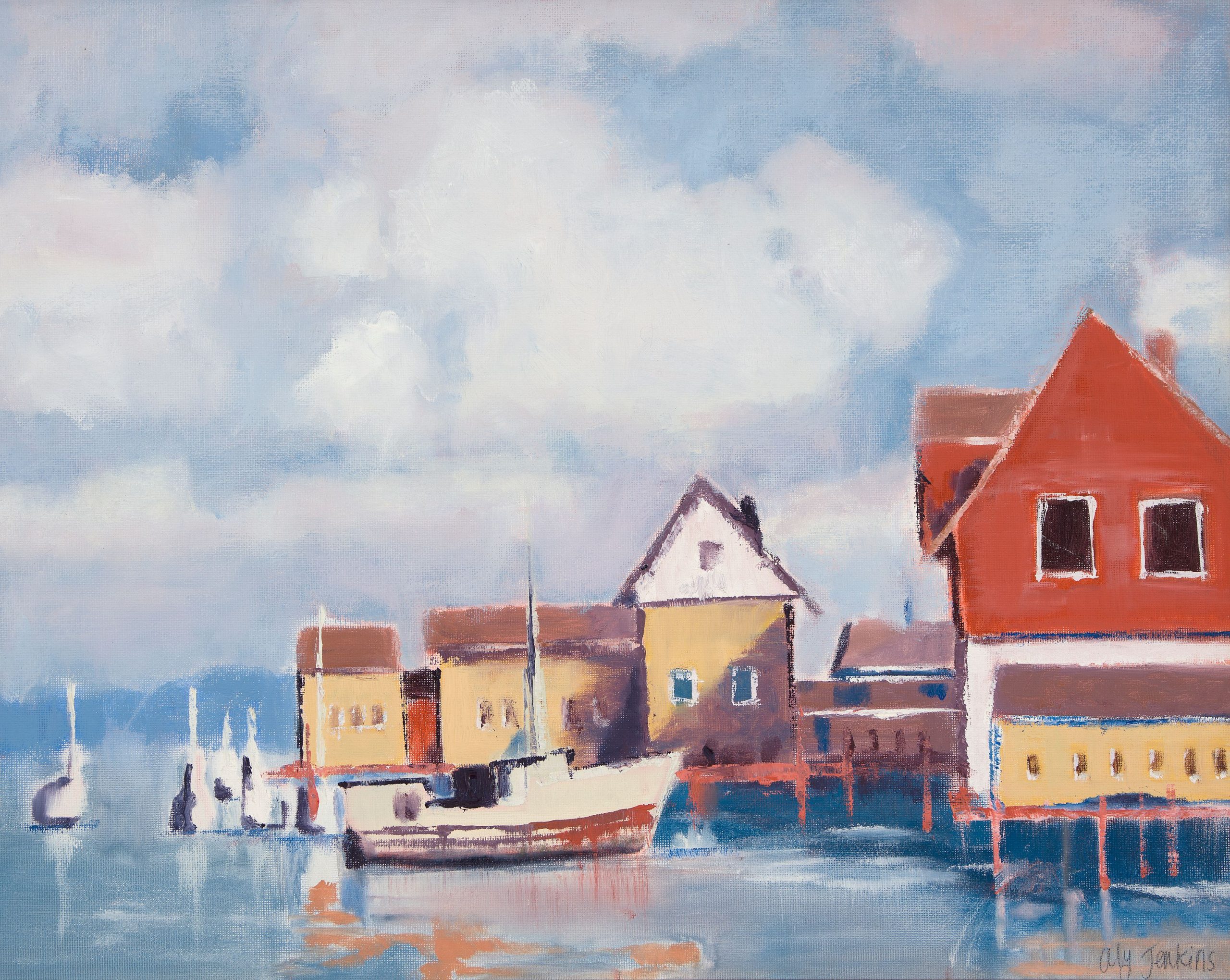 harbor with a sailboat and buildings on stilts