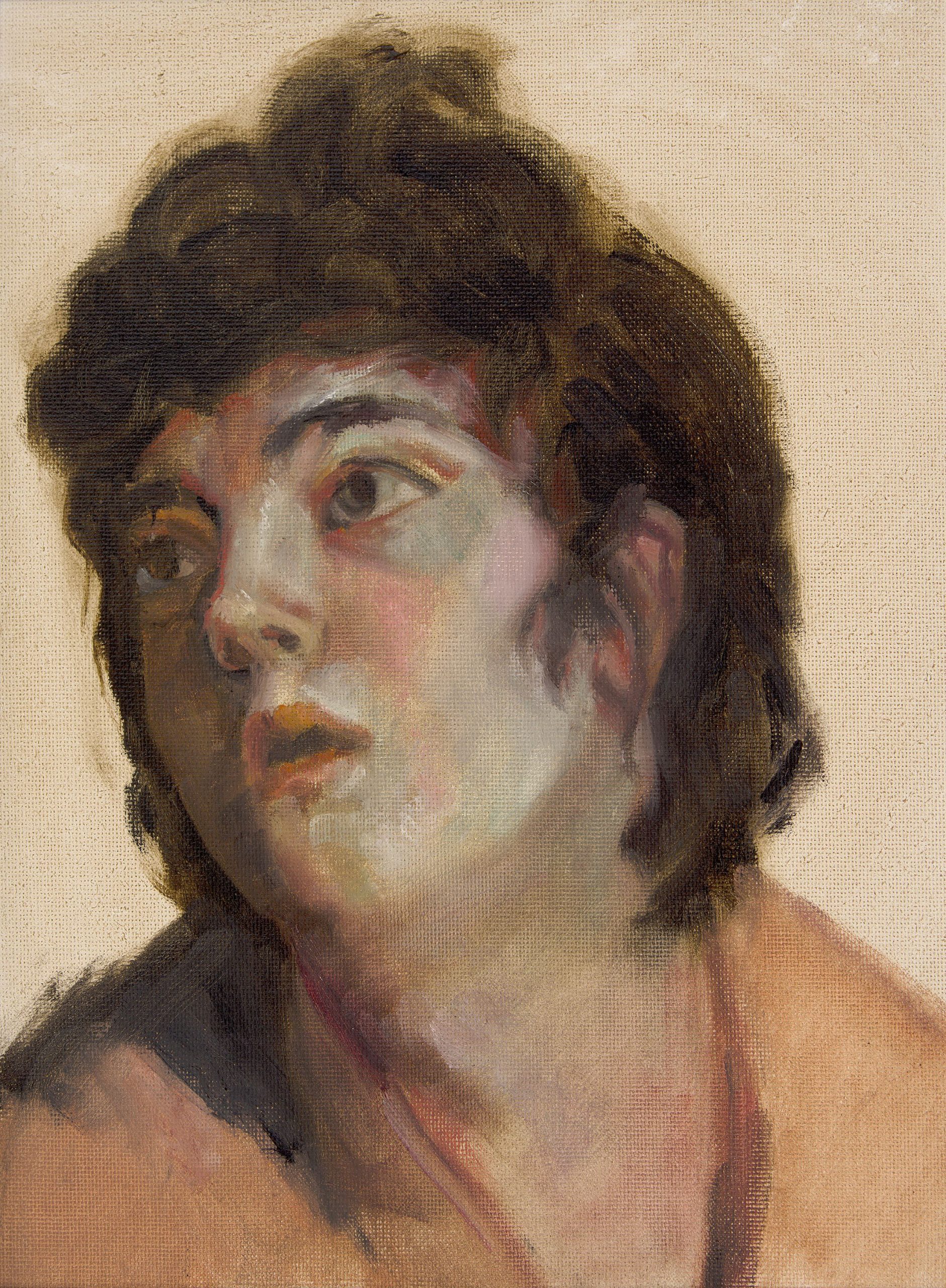 Painting of a person with a yearning look on their face