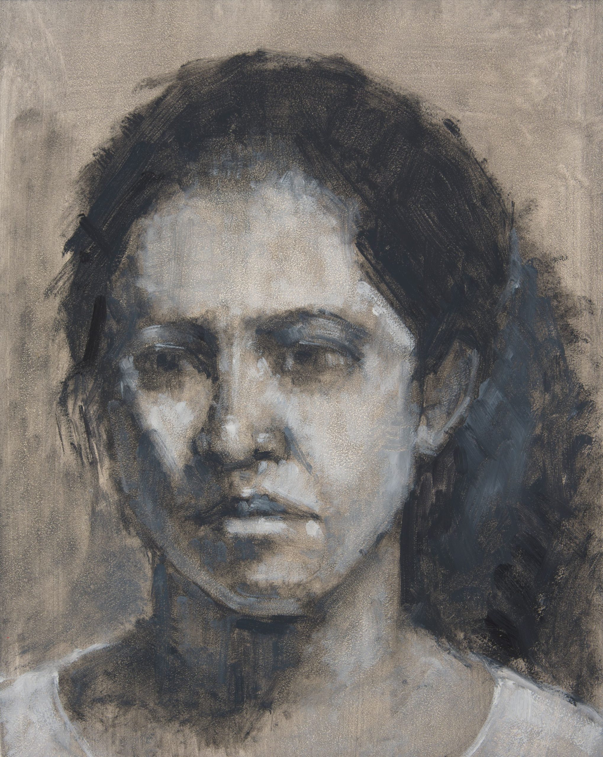 Portrait painting of a lady with black har in a white top