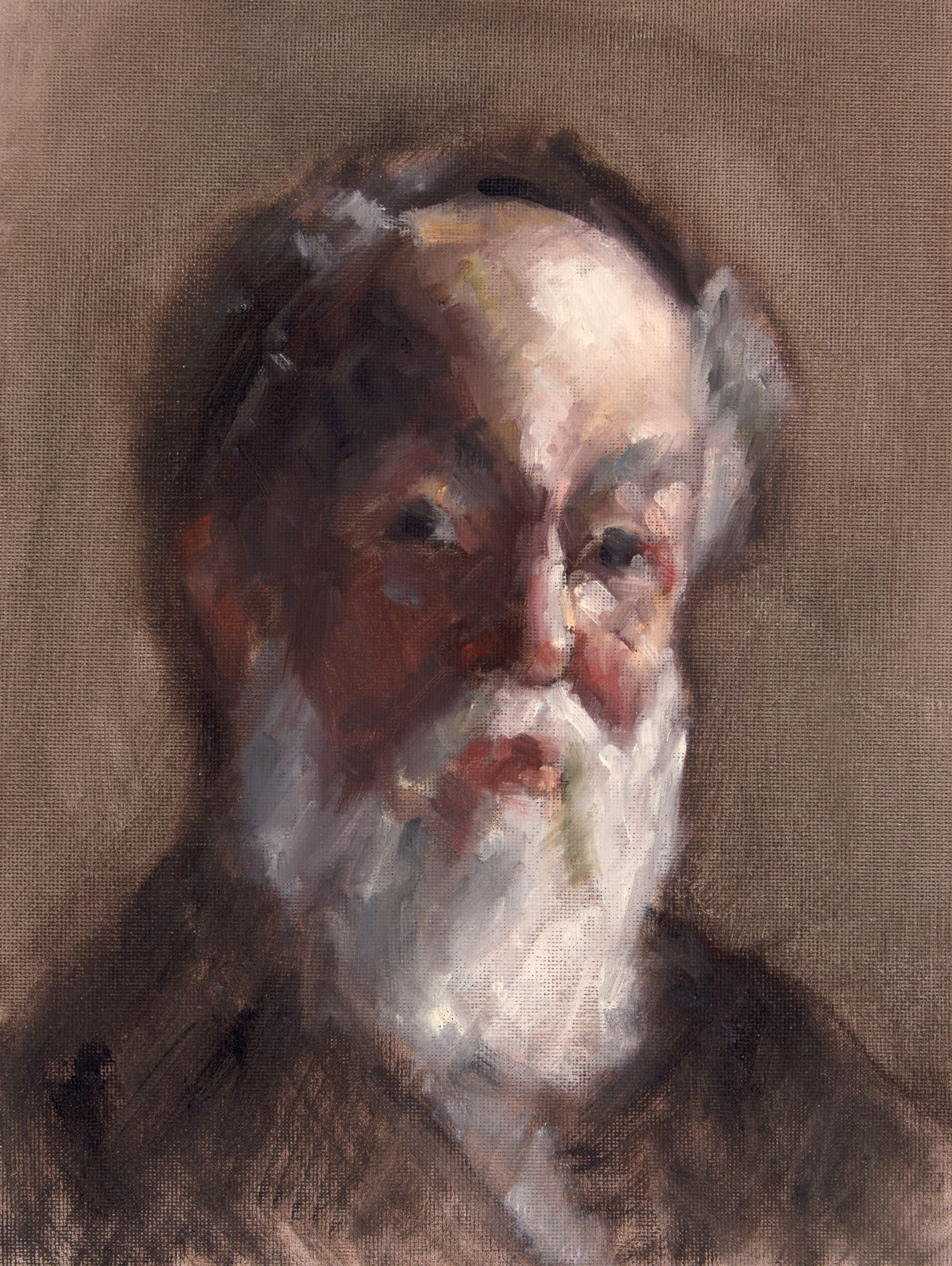 Painting of an old man with a white beard and dark suit coat
